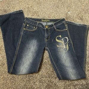 Vintage South Pole Women's Dark Blue Flare Jeans with Gold Accents Y2K 90s